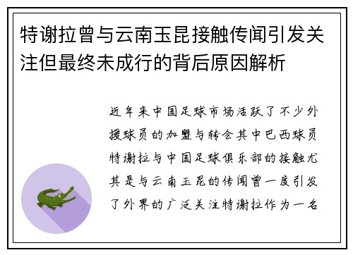 特谢拉曾与云南玉昆接触传闻引发关注但最终未成行的背后原因解析