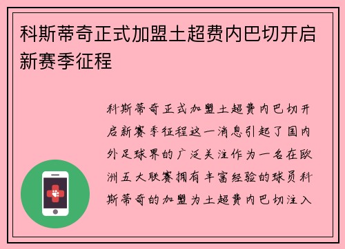 科斯蒂奇正式加盟土超费内巴切开启新赛季征程