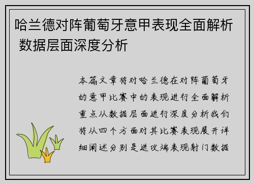 哈兰德对阵葡萄牙意甲表现全面解析 数据层面深度分析